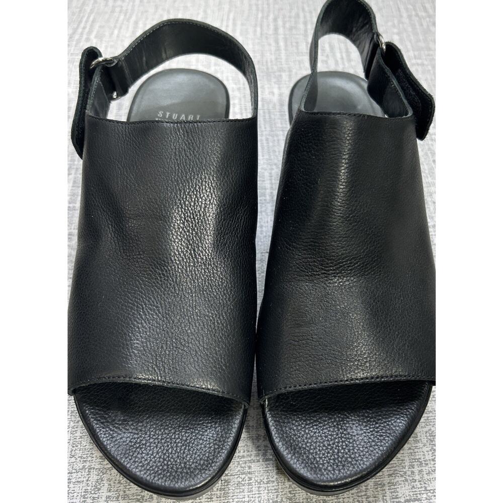 Stuart Weitzman Offset Sandal Shoe Womens Size 8 M Black Leather Slingback Wedge - Picture 2 of 14